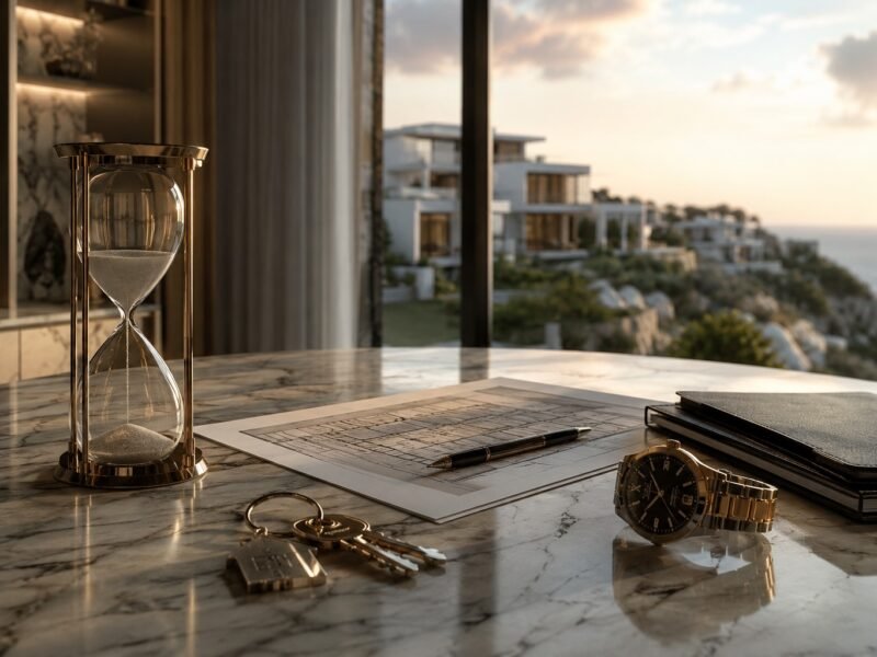 An hourglass, house keys, an architectural blueprint and a watch on a marble desk overlooking cliffside villas at sunset.