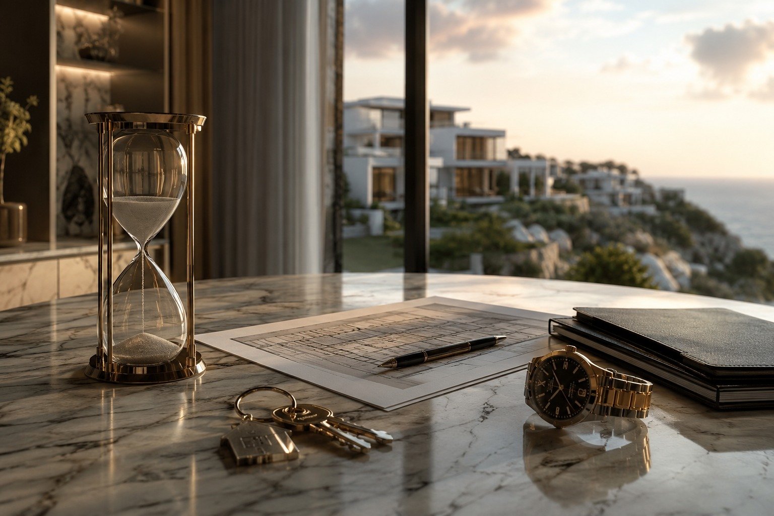 An hourglass, house keys, an architectural blueprint and a watch on a marble desk overlooking cliffside villas at sunset.
