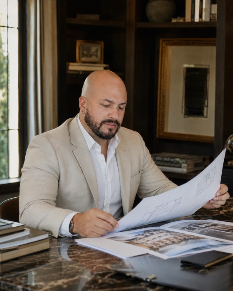 A professional in a beige blazer reviewing architectural blueprints at a marble desk with property renderings.