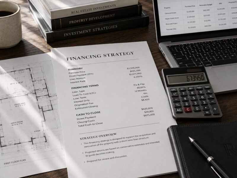 A financing strategy document with cash-to-close figures beside a floor-plan blueprint, real estate investment books, a laptop ROI spreadsheet, and a calculator on a desk.