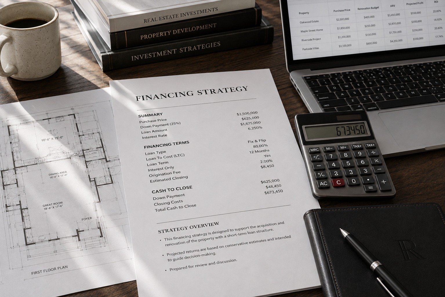 A financing strategy document with cash-to-close figures beside a floor-plan blueprint, real estate investment books, a laptop ROI spreadsheet, and a calculator on a desk.