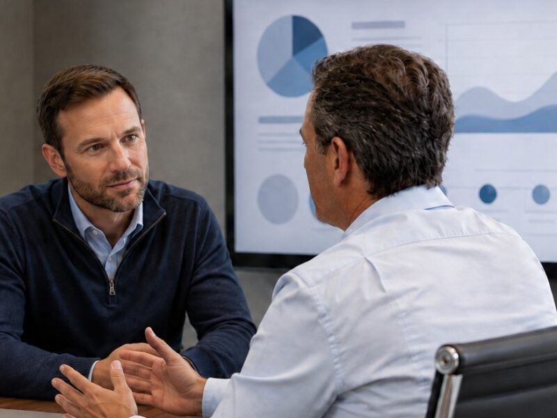Two men in a conference room in conversation across a table, with a chart display on the wall behind them.