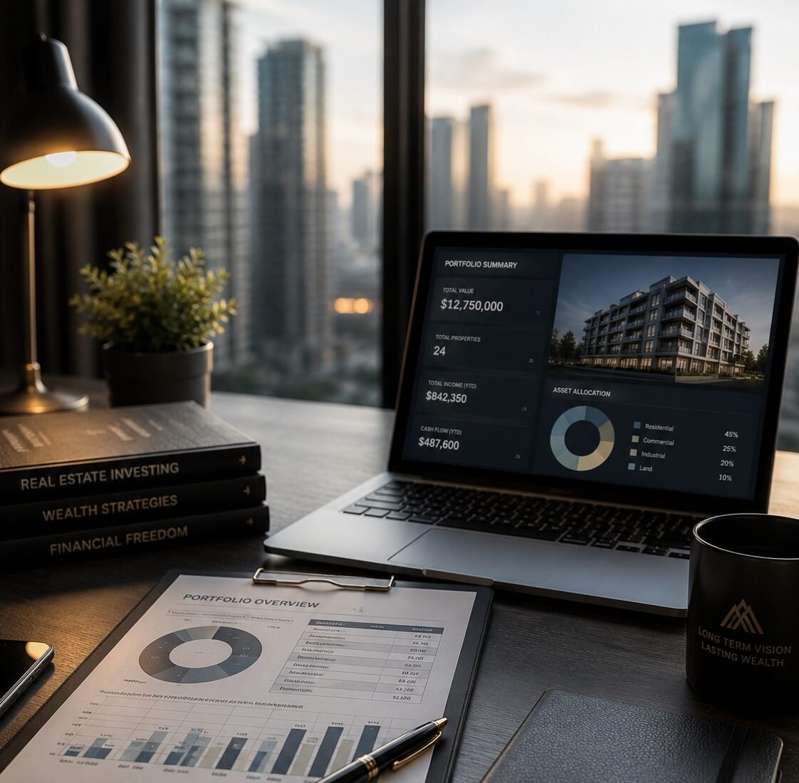 A laptop showing a real estate portfolio summary on a desk beside books titled Real Estate Investing, Wealth Strategies and Financial Freedom, with a city skyline at dusk beyond the window.