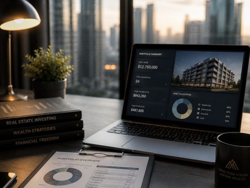 A laptop showing a real estate portfolio summary on a desk beside books titled Real Estate Investing, Wealth Strategies and Financial Freedom, with a city skyline at dusk beyond the window.