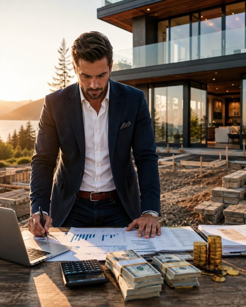 An investor in a navy blazer reviewing project plans and financial documents on an outdoor table at a new construction site, with a modern waterfront home behind him at sunset.
