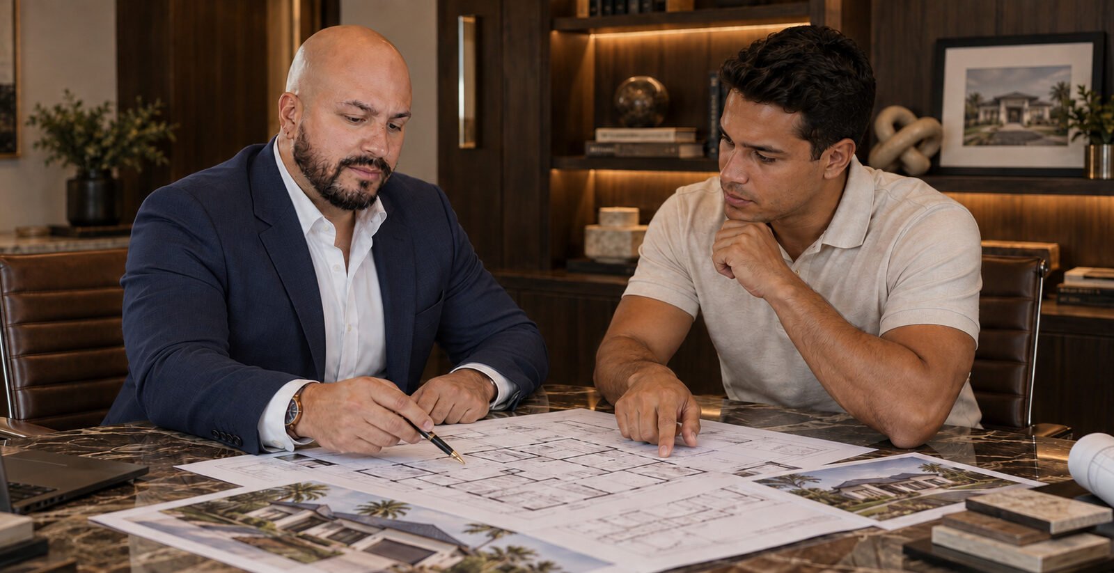 A lending professional and an investor reviewing floor plans and elevation renderings spread across a marble desk in a wood-panelled office.