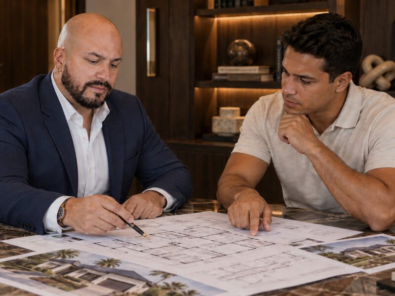 A lending professional and an investor reviewing floor plans and elevation renderings spread across a marble desk in a wood-panelled office.