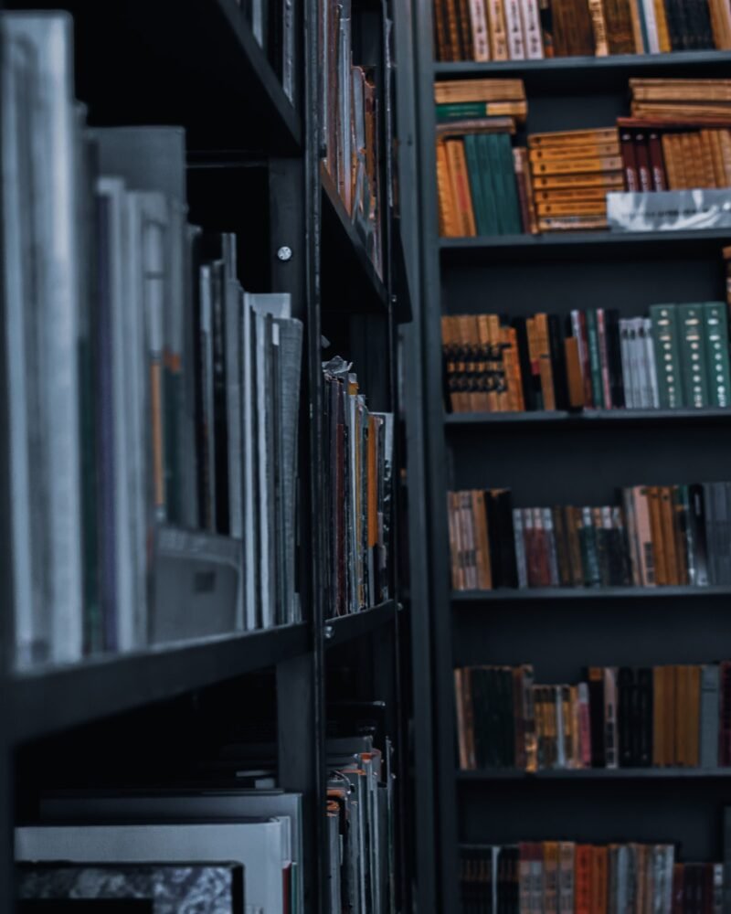 Rows of books on dark library shelves